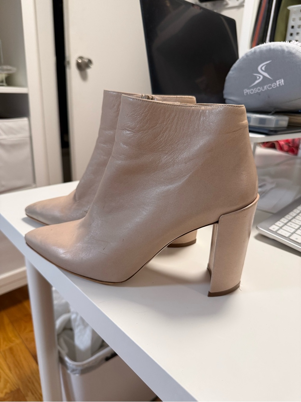Stuart Weitzman Nude Leather Pointed-Toe Block Heel Booties